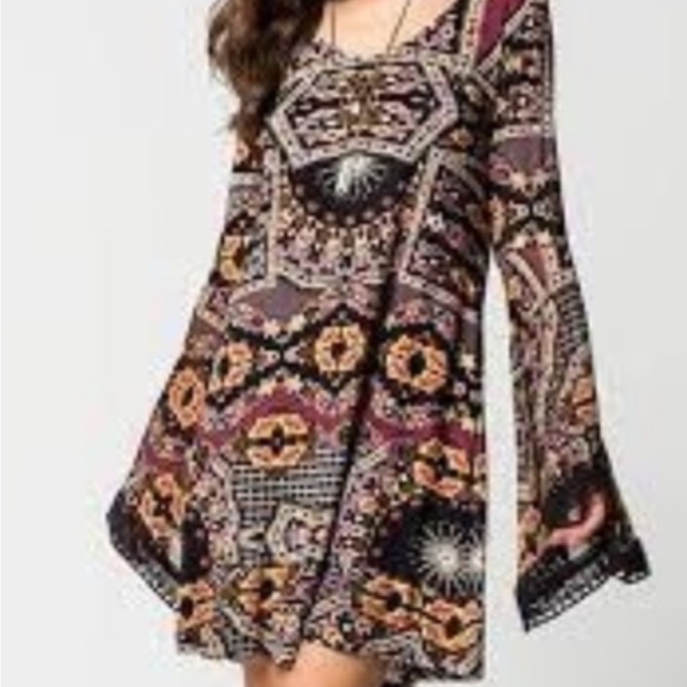 Patrons of Peace,black,gold red geometric cut out back,bell sleeve BoHo dress XS